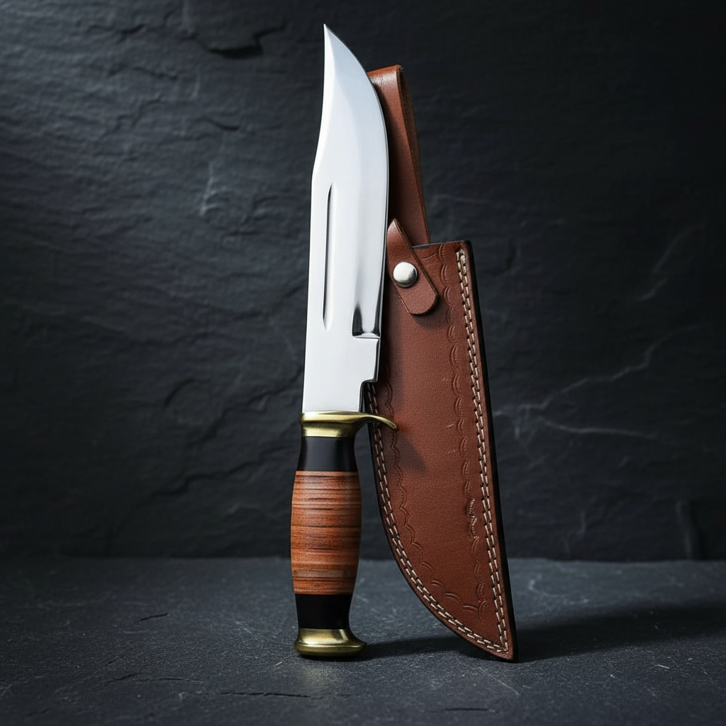 Vertical luxury shot of handmade D2 steel American Bowie knife on dark slate background blade pointing up