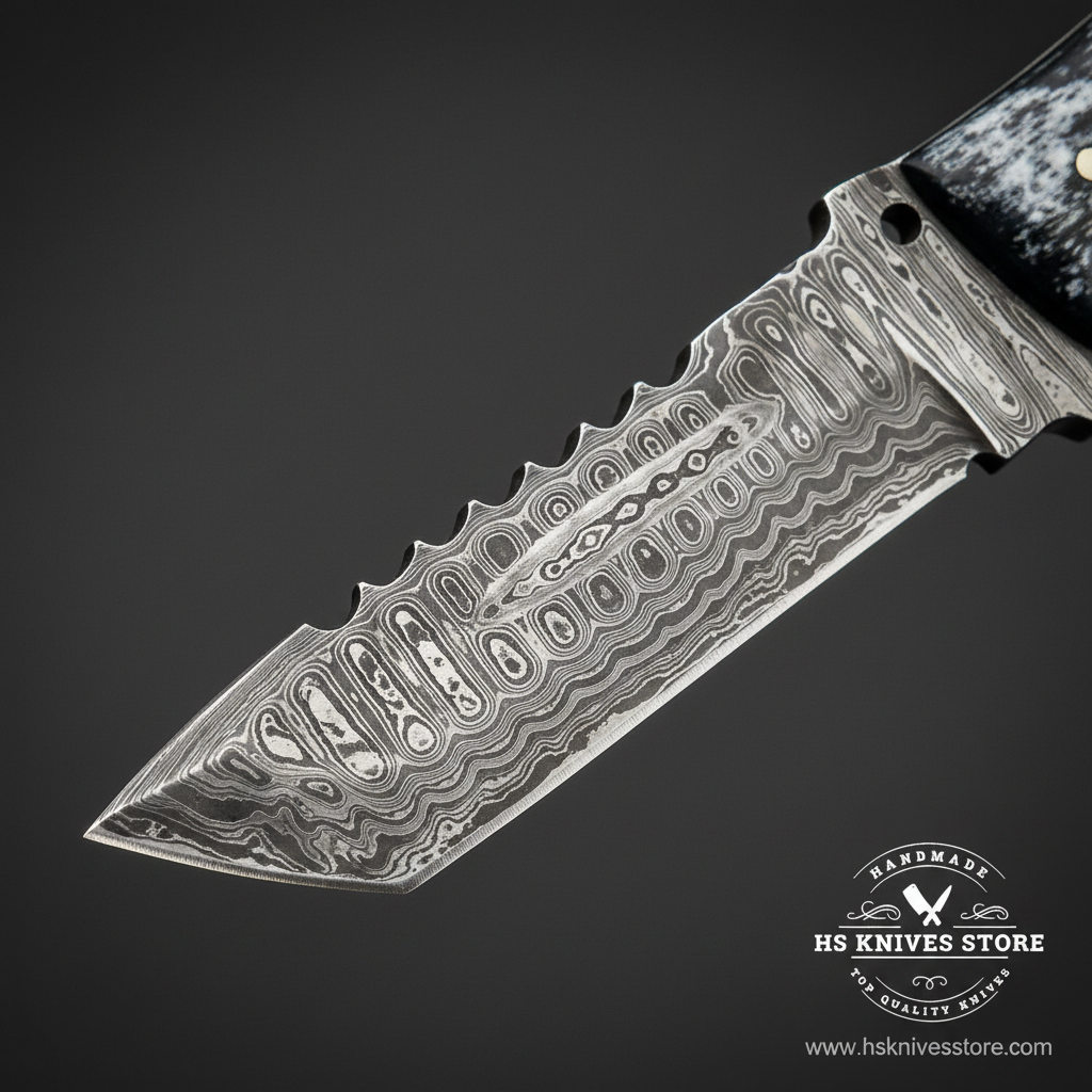 Macro close-up of Damascus steel tanto skinner knife blade showing bold flowing wavy pattern serrated spine section and angled tanto tip