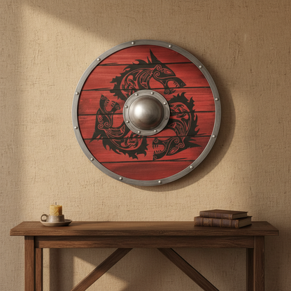 Round red plank Viking shield with silver rim and center boss used as a Norse-inspired wall display