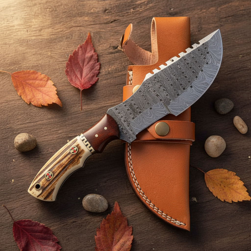 Handmade Damascus tracker knife flat lay on rustic wood with tan leather sheath and snap button