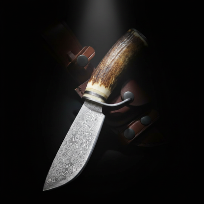 Handmade Damascus steel hunting knife with stag antler handle and steel guard on black studio background left facing