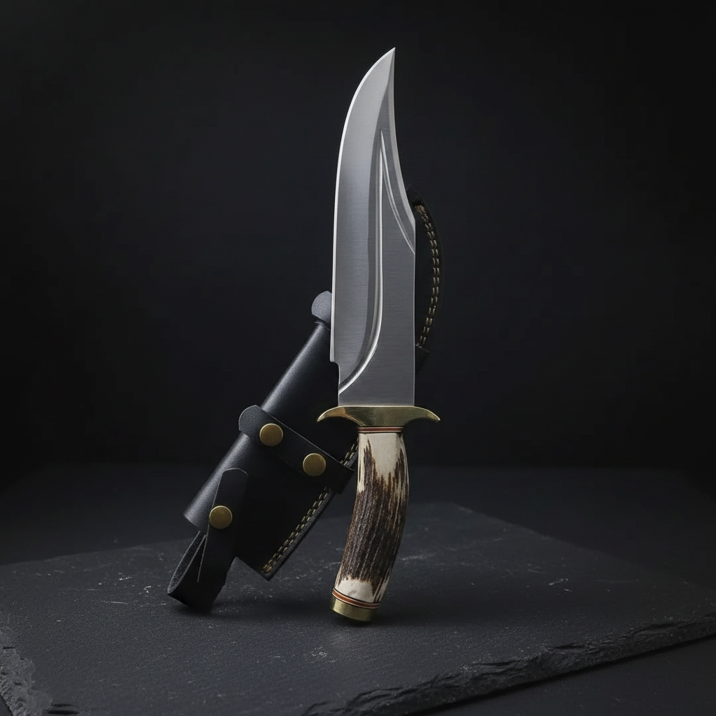 Handmade D2 steel Bowie knife stag antler handle vertical dark slate background luxury shot
