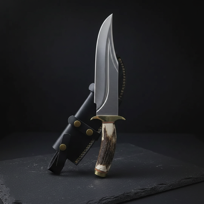 Handmade D2 steel Bowie knife stag antler handle vertical dark slate background luxury shot