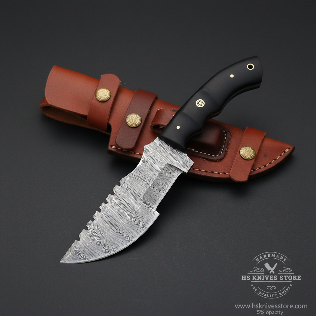 Damascus steel tracker knife black micarta handle cognac leather sheath brass conchos dark charcoal studio mirror direction