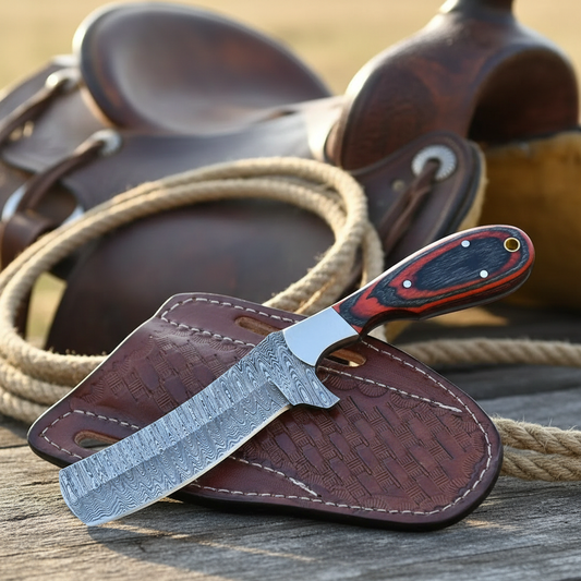 Damascus bull cutter knife with hardwood handle and sheath beside western ranch gear