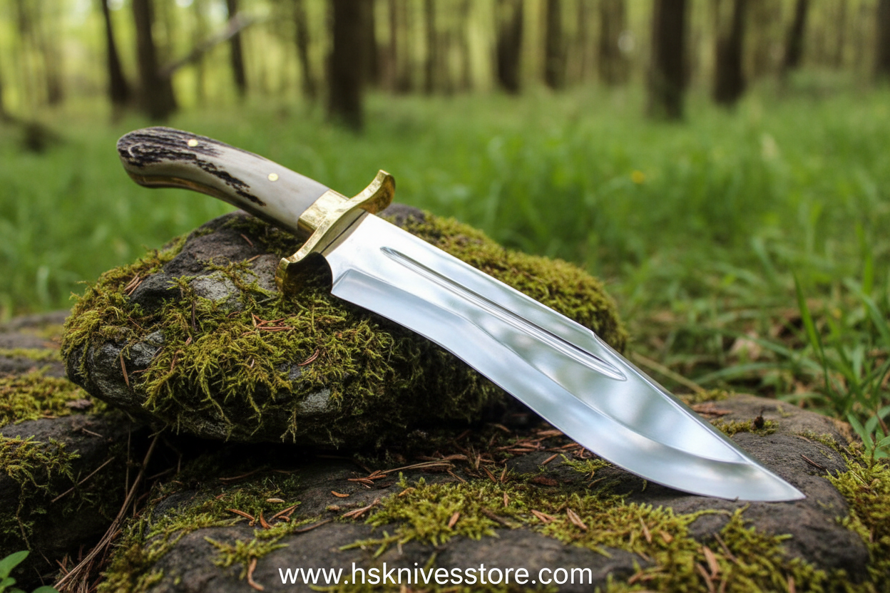 Handmade Bowie knife with brass guard on forest rocks outdoor hunting photography www.hsknivesstore.com