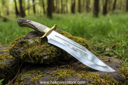 Handmade Bowie knife with brass guard on forest rocks outdoor hunting photography www.hsknivesstore.com