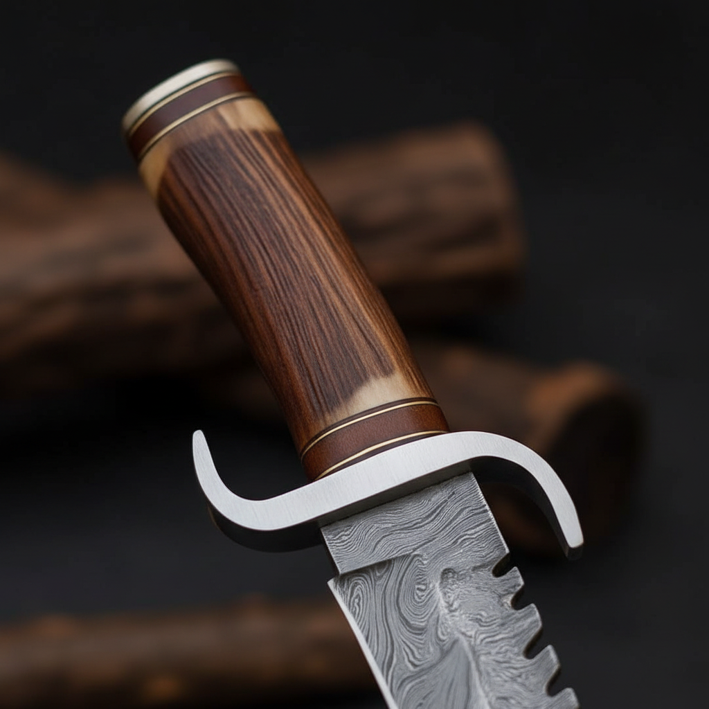 Antler crown wood handle close-up Damascus Bowie knife steel guard hook detail
