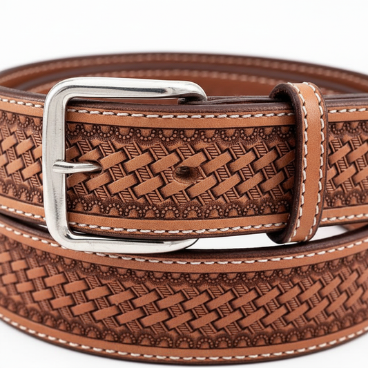 Silver roller buckle macro close-up hand-tooled tan leather western belt keeper loop