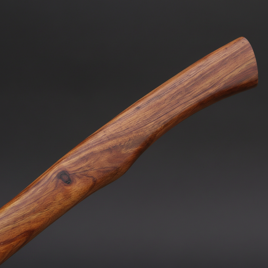 Natural rosewood axe handle close-up macro showing wood grain and natural wood knot detail