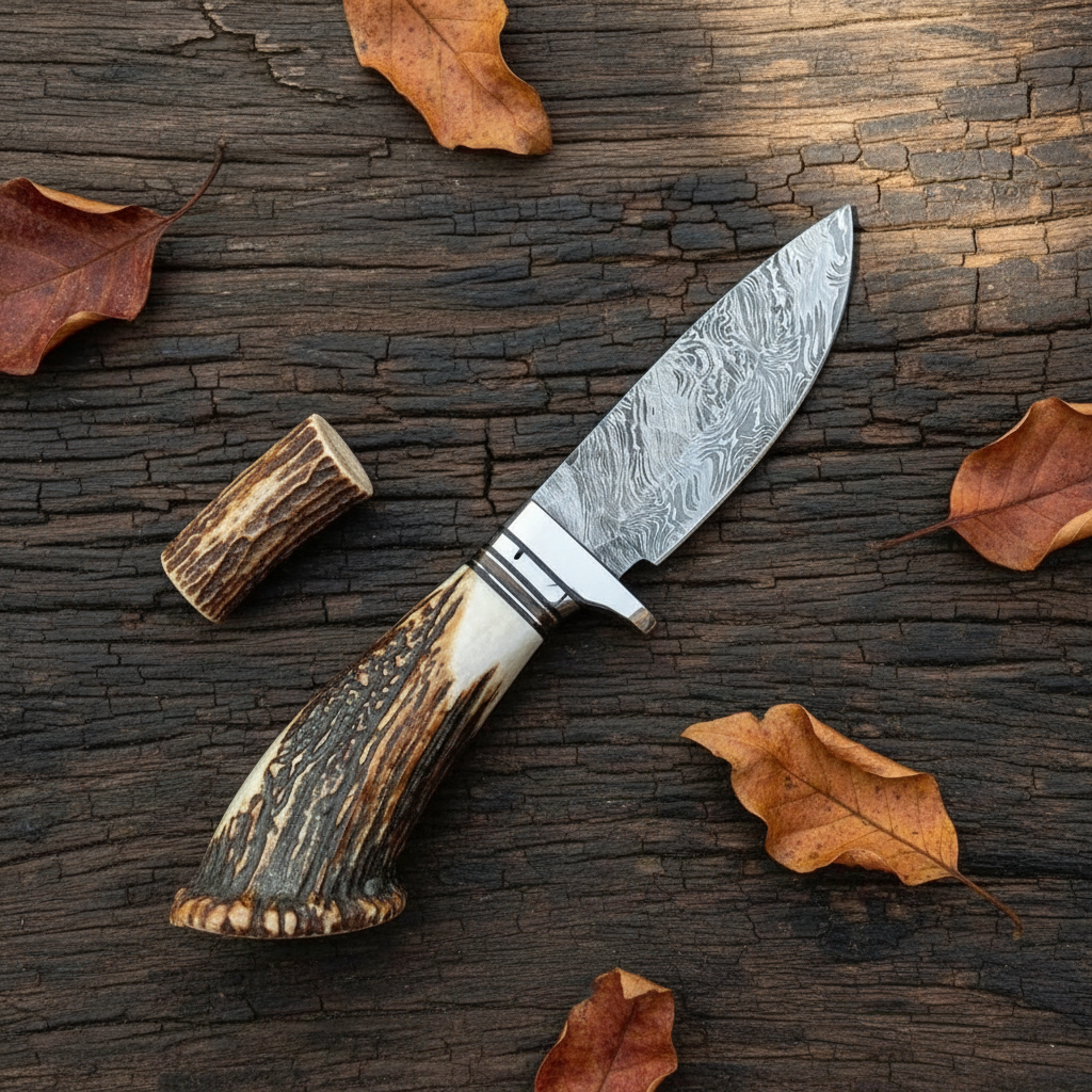 Damascus skinner knife flat lay dark wood antler crown handle no sheath
