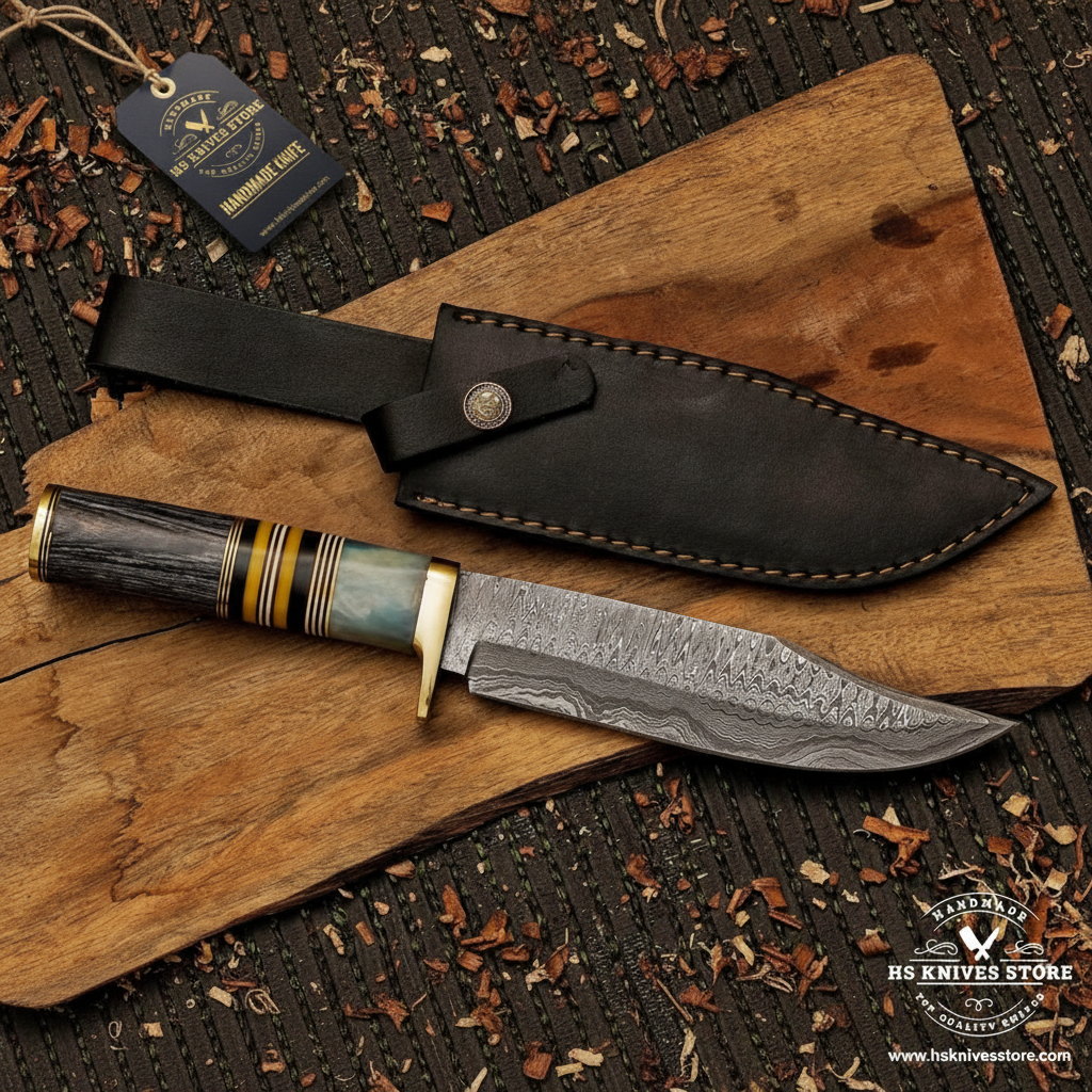 Damascus Bowie knife flat lay with abalone horn handle and HS Knives Store hang tag on rustic wood with autumn leaves