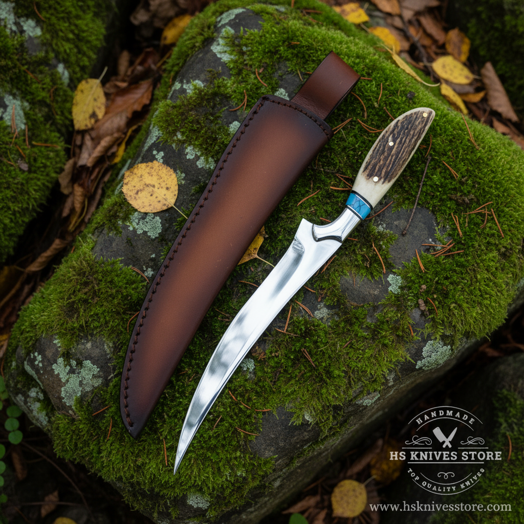 Spring steel fillet knife stag antler handle blue turquoise spacer on mossy rocks outdoor forest setting with dark brown leather sheath