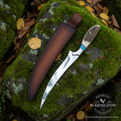 Spring steel fillet knife stag antler handle blue turquoise spacer on mossy rocks outdoor forest setting with dark brown leather sheath
