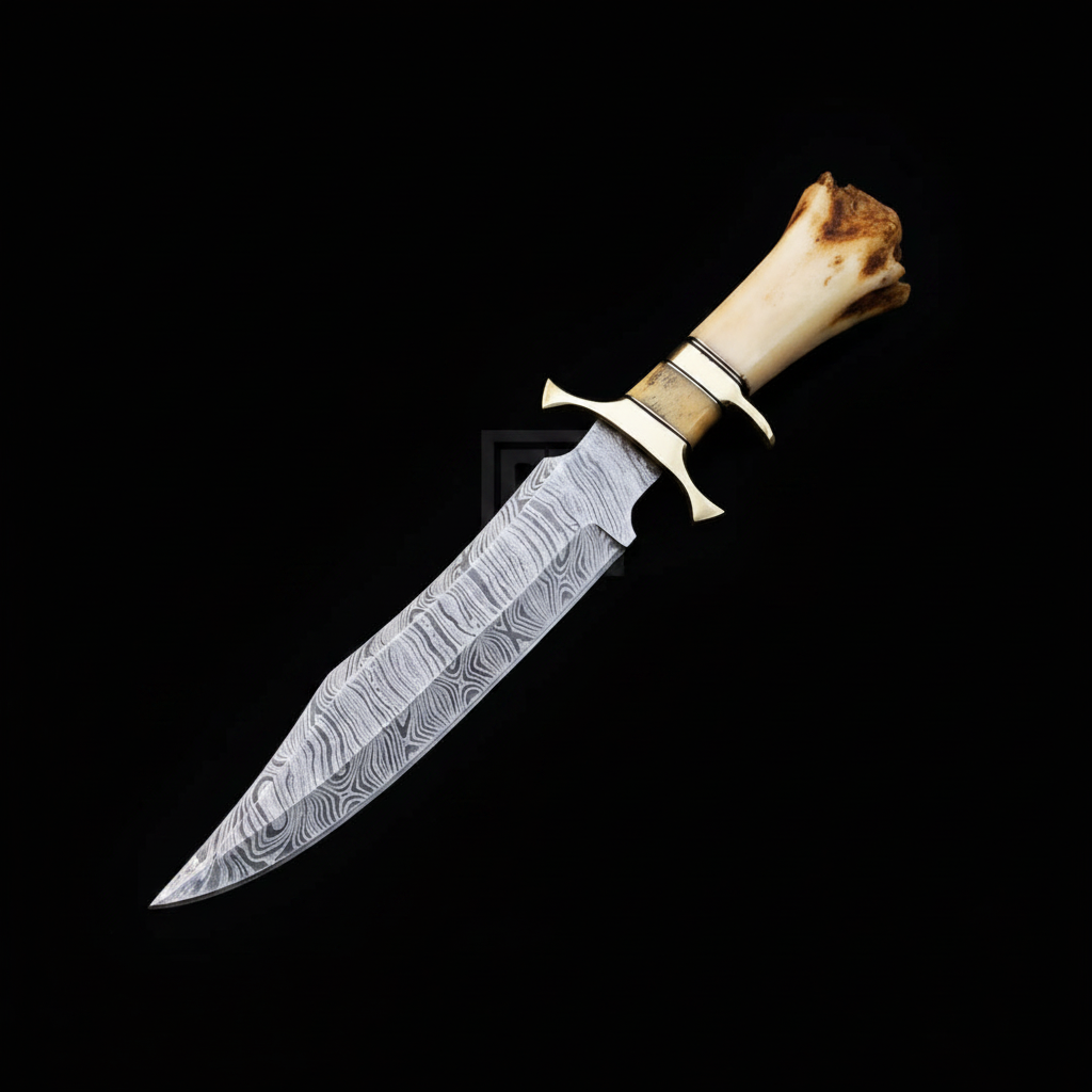 damascus-bowie-knife-bone-handle-brass-guard-black-background-left-facing