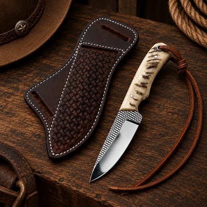 Right western angle of ram horn Skinner knife beside its contrast-stitched leather sheath