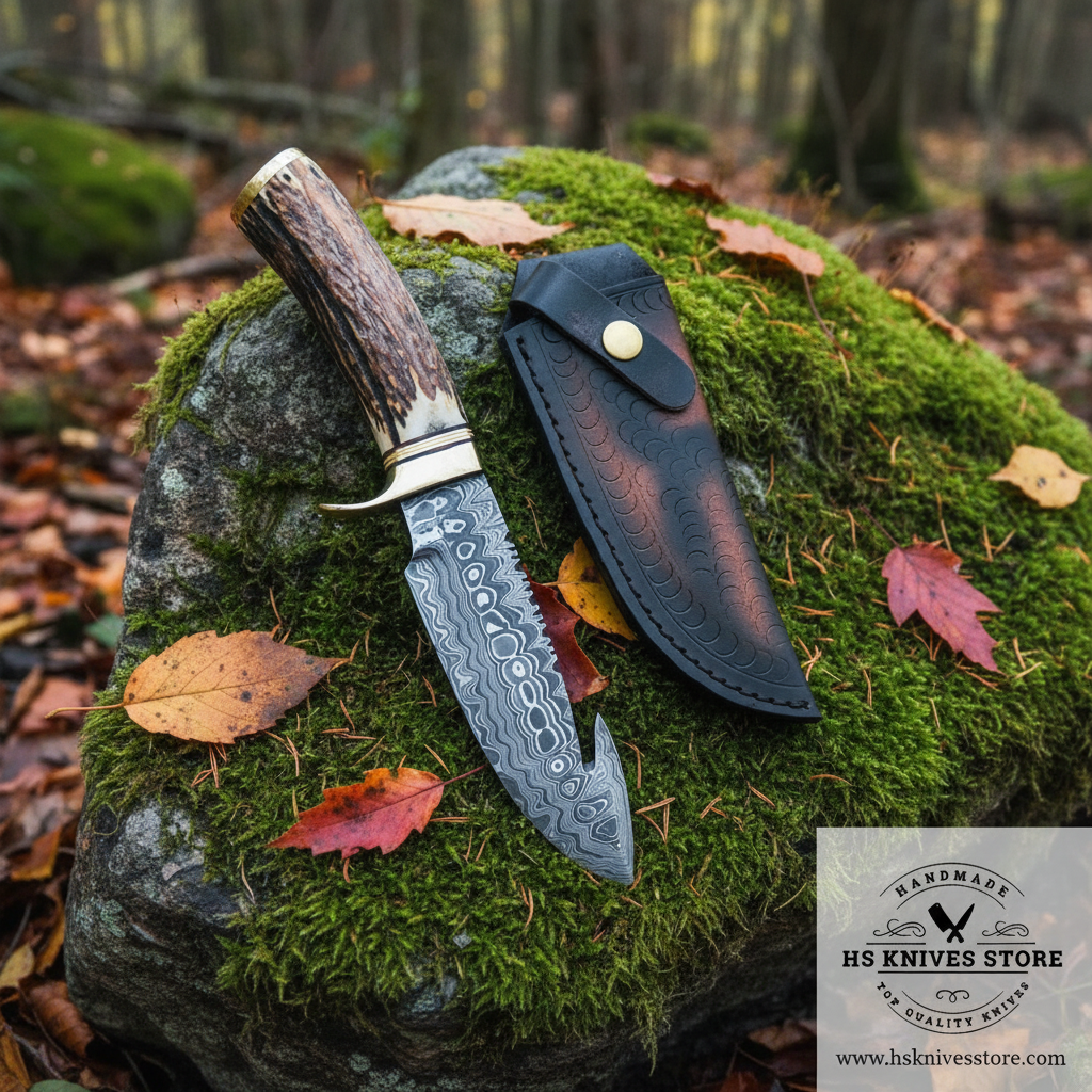Damascus steel gut hook hunting knife stag antler handle resting on mossy rocks in outdoor forest setting with dark black leather sheath