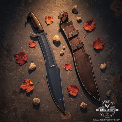 Spartan Kopis sword flat lay on dark rustic stone surface with autumn leaves and pebbles distressed leather sheath beside