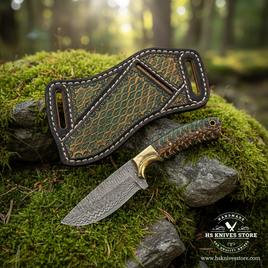 Green pinecone Damascus Skinner Knife and scout sheath resting on mossy rocks in a forest