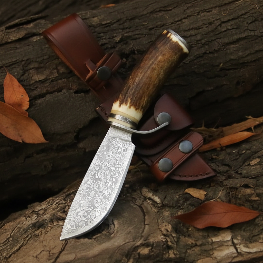 Damascus hunting knife with stag antler handle flat lay on rustic dark wood surface with brown leather sheath and dried leaves