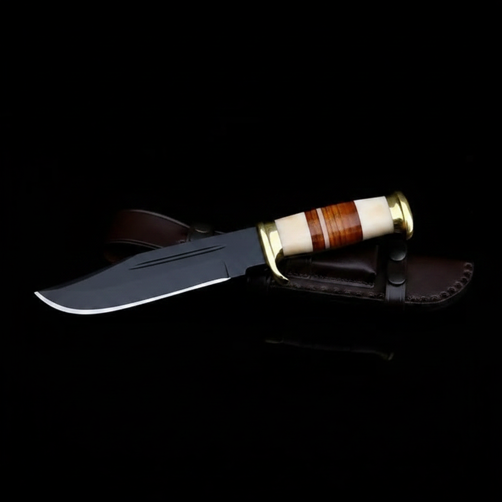 Fixed blade hunting knife stacked leather handle mirror view black background studio shot