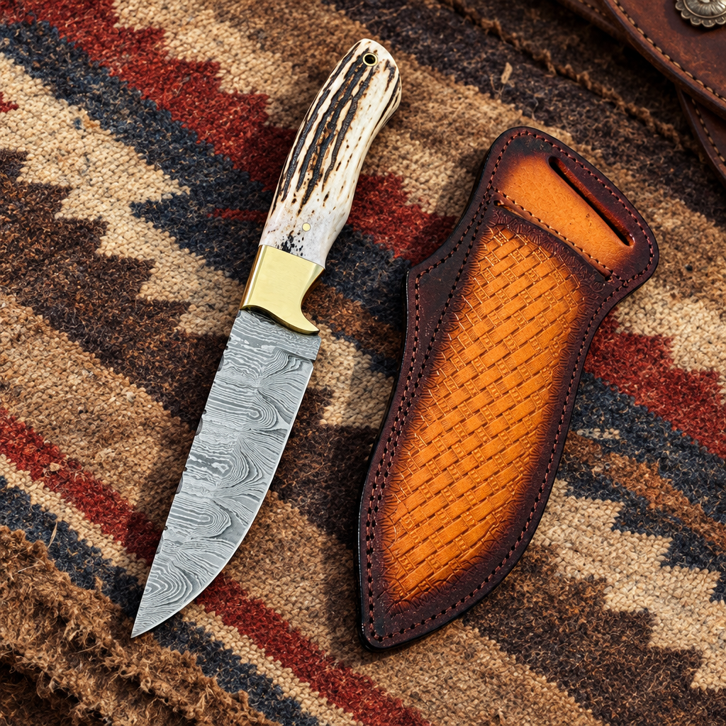 Reverse view of Cowboy Champion Damascus Knife showing its antler horn handle and separate premium leather sheath