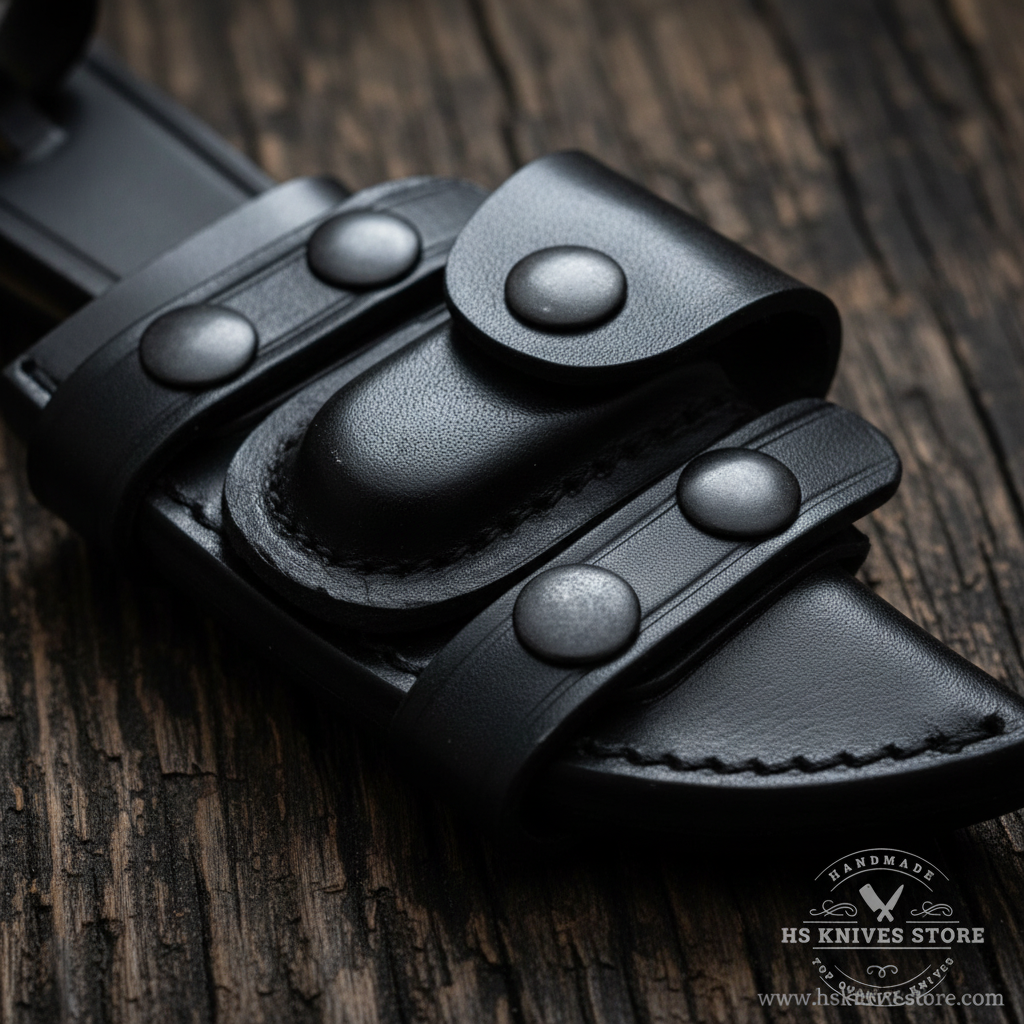 Close-up macro of black leather sheath with multiple belt loop slots and black snap rivets for Damascus skinner knife