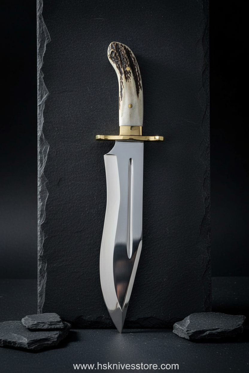 Handmade Bowie knife vertical display on dark slate blade pointing up luxury collector photography www.hsknivesstore.com