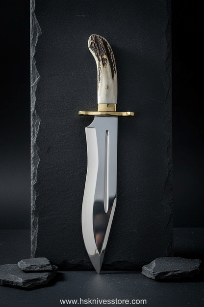 Handmade Bowie knife vertical display on dark slate blade pointing up luxury collector photography www.hsknivesstore.com