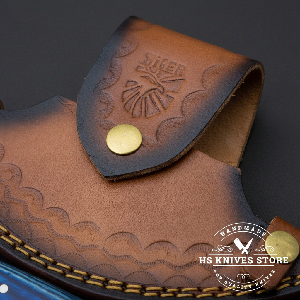 Macro close-up of brown crescent leather ulu knife sheath with embossed eagle design brass dome studs and gold stitching