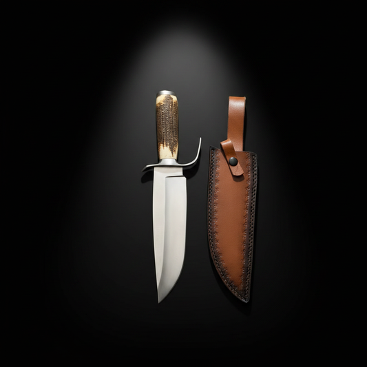 D2 steel wide Bowie knife natural antler handle black background studio shot