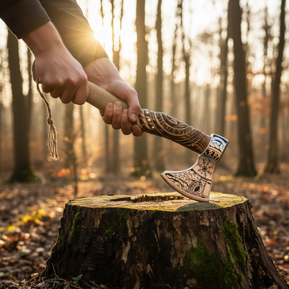 Hands gripping Norse engraved Viking axe handle on mossy tree stump in golden autumn forest setting