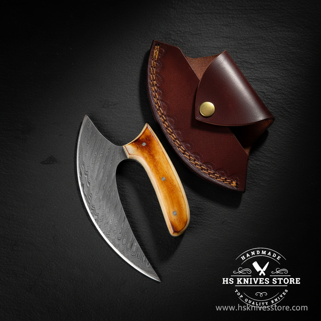 Damascus ulu knife with amber bone handle displayed vertically on dark slate luxury studio background