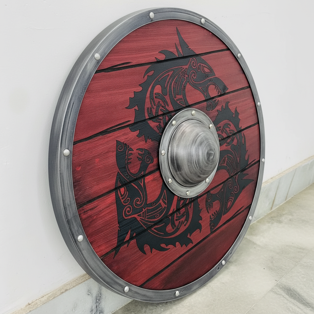 Angled detail of silver rim, evenly spaced rivets, red plank texture, and dark Norse artwork on a Viking shield