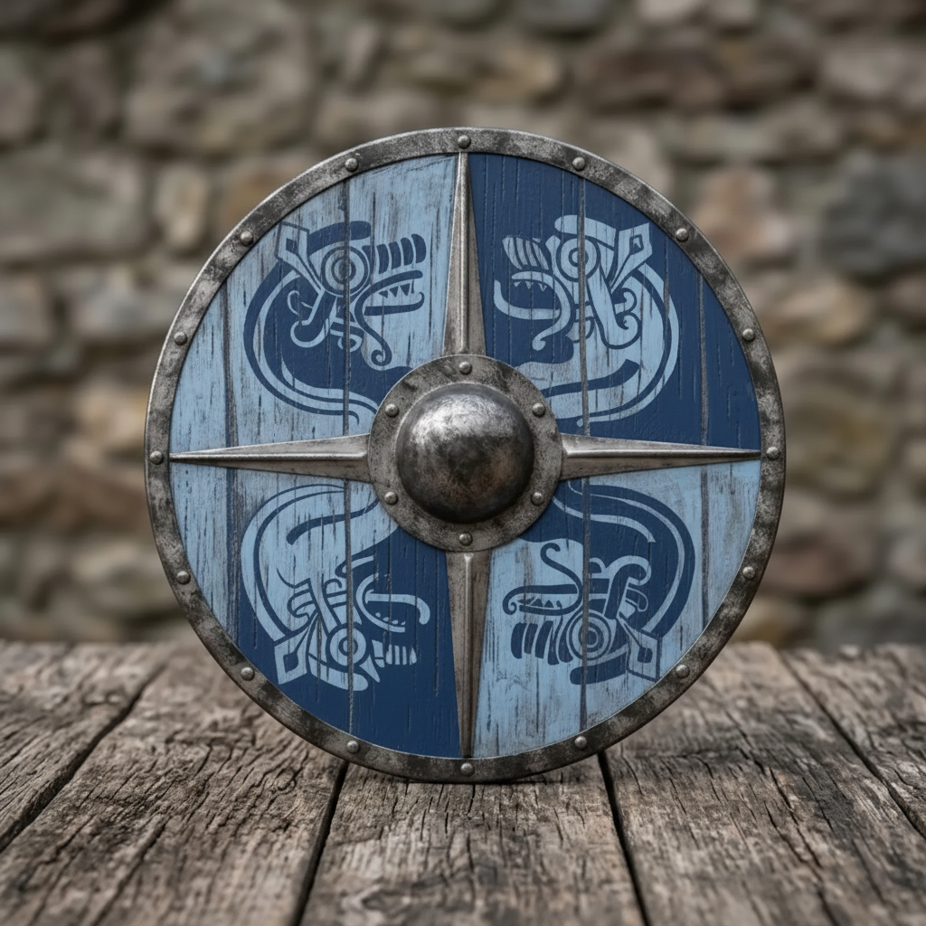 Close-up Viking Raven Shield showing raven artwork, raised metal boss, distressed wood, and rim rivets