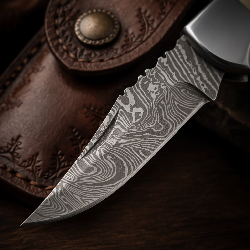 Damascus steel folding knife blade drop point wave pattern close-up