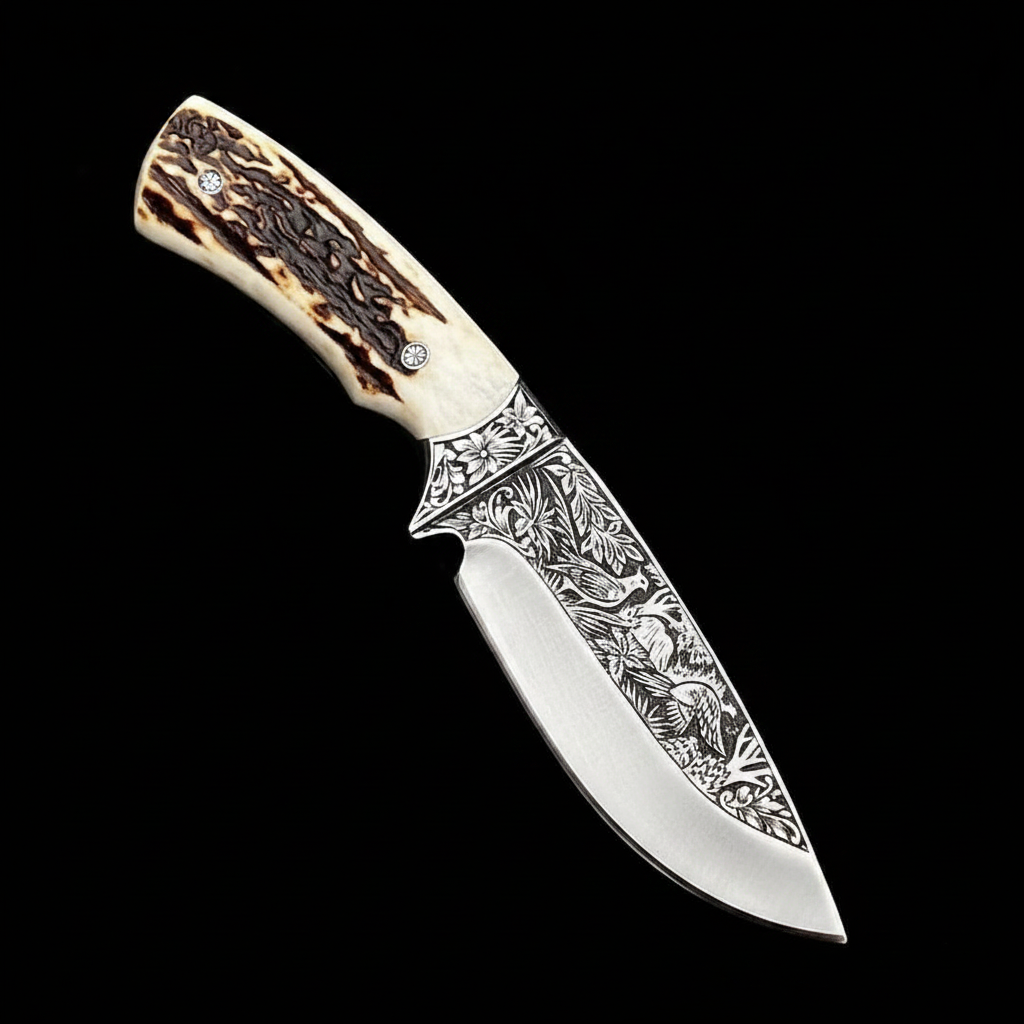 Hand engraved D2 steel skinner knife with stag crown handle on black background dramatic studio lighting