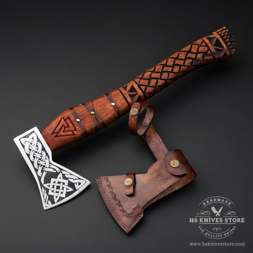 Handmade Viking axe Celtic knot etched head carved rosewood handle Valknut symbol dark brown leather sheath dark charcoal studio background