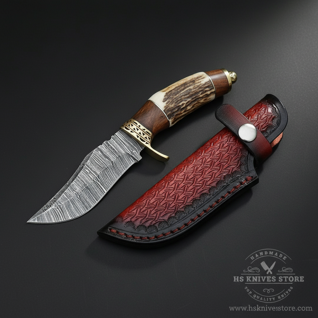Damascus steel hunting knife stag handle brass filigree crossguard deep burgundy leather sheath dark charcoal studio mirror
