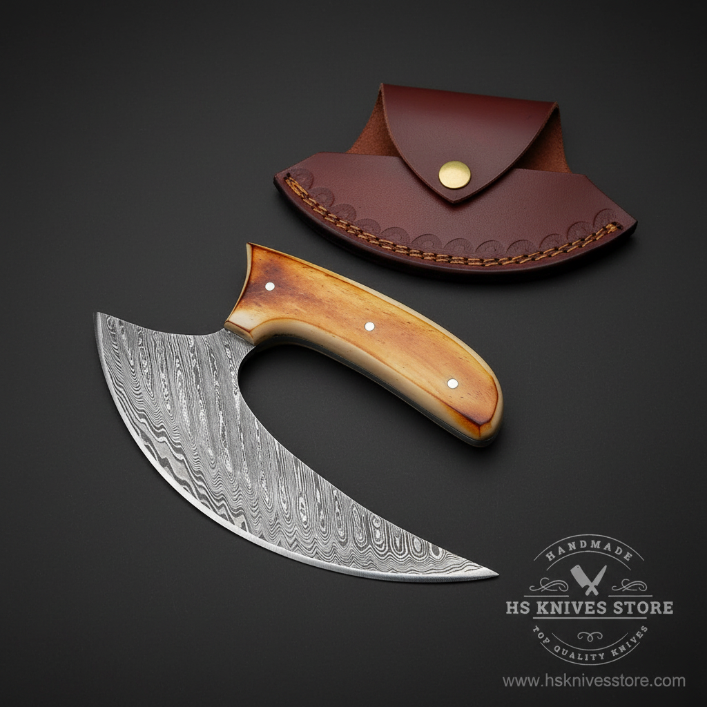 Damascus ulu knife with amber bone handle steel bolster and burgundy leather sheath studio mirror view facing left