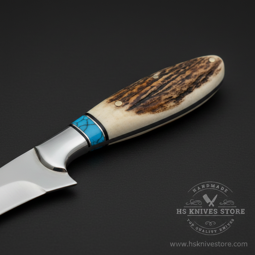 Close-up macro of natural stag antler handle with warm brown color and dark streaks and two silver pins and blue turquoise resin spacer ring and polished silver bolster