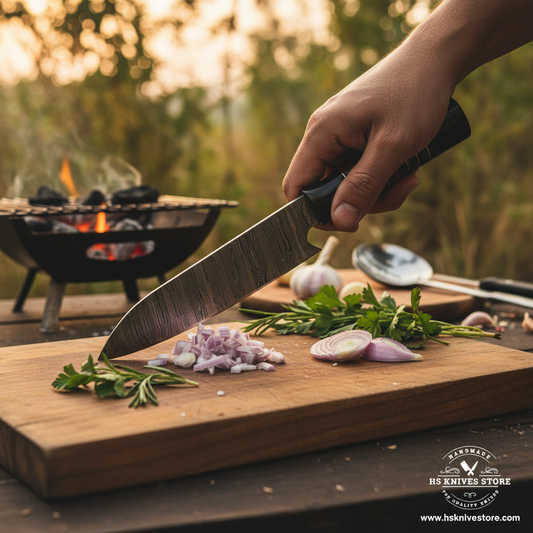 Hand holding Damascus chef knife with buffalo horn wood handle over rustic cutting board with herbs kitchen lifestyle shot