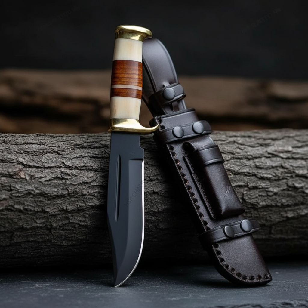 Handmade fixed blade hunting knife stacked leather handle vertical slate background luxury shot