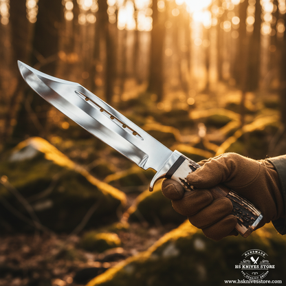 Hand gripping stag horn wood handle D2 steel Bowie knife with clean mirror polished blade in outdoor forest action shot