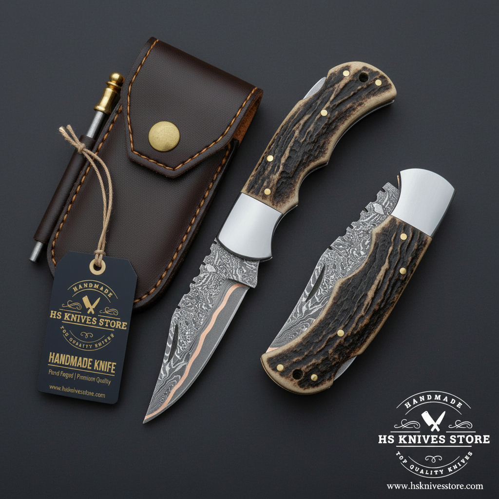 Damascus folding lockback pocket knife with stag handle and leather sheath on dark charcoal background studio shot