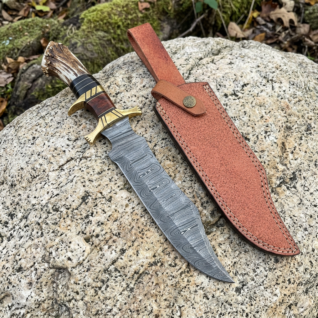 Left-angle outdoor view of patterned Bowie blade and stitched leather sheath