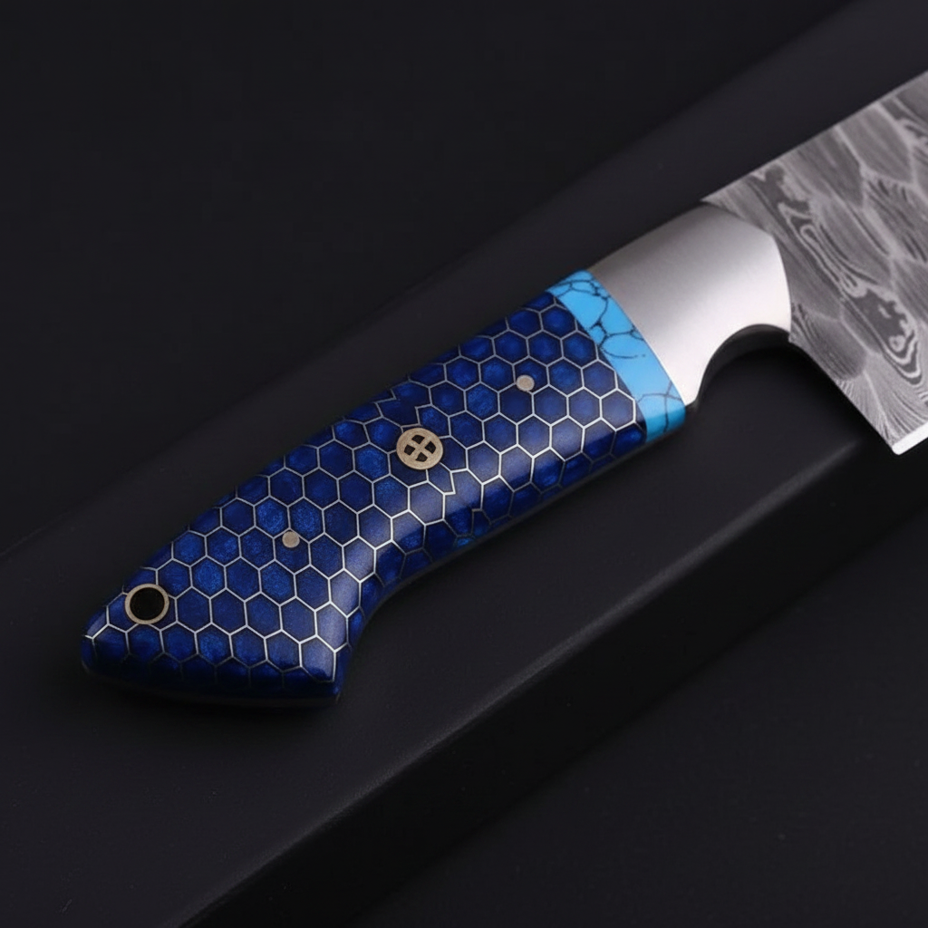 Close-up macro of blue honeycomb handle with turquoise spacer and steel pins on Damascus chef knife