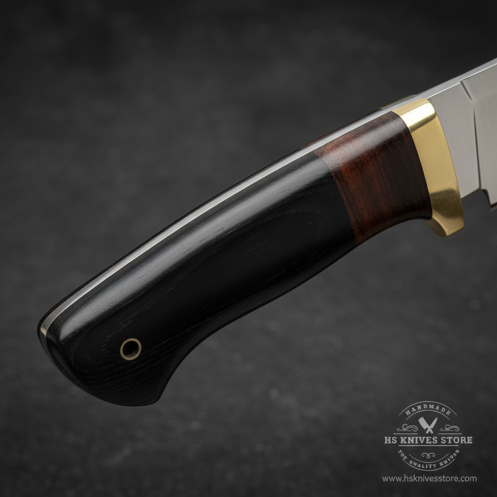 Close-up macro of jet black G10 handle with smooth glossy surface lanyard hole at pommel and solid brass bolster guard on D2 hunting knife