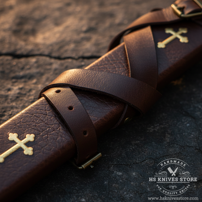 Close-up macro of dark brown leather scabbard with gold Templar cross emblems brass rivets and wrap-around belt straps detail