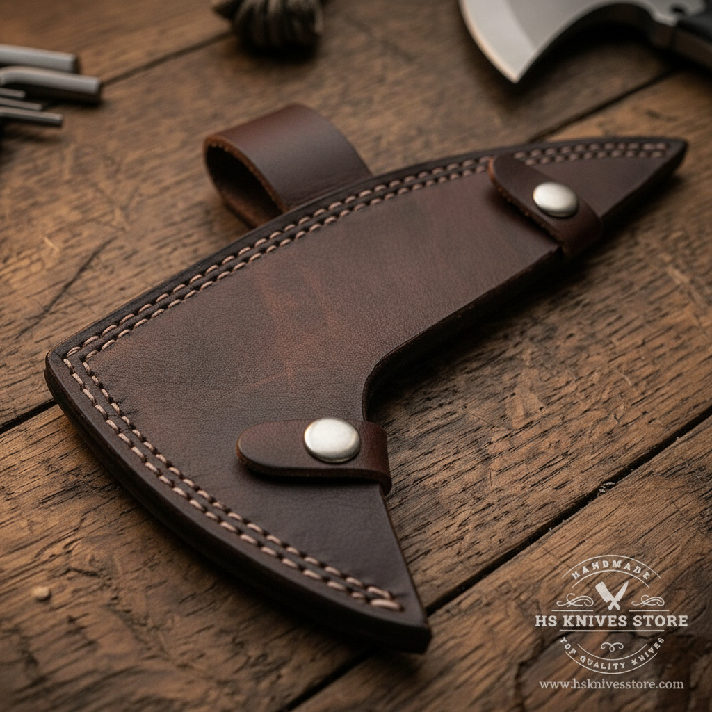 Close-up macro dark chocolate brown leather tomahawk axe sheath brown saddle stitching two silver snap buttons leather belt loop strap